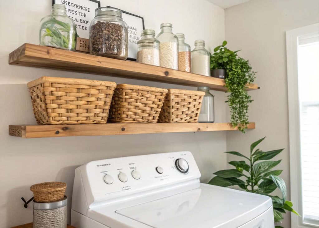 Two wooden floating shelves above a washer and dryer with jars, baskets, and a plant