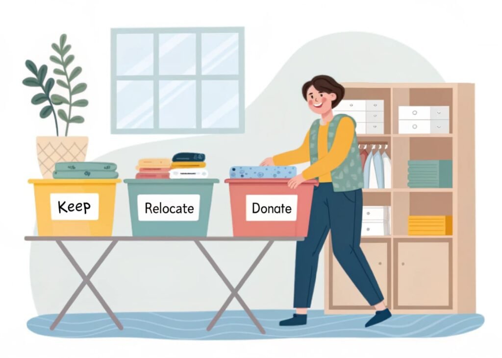 Person sorting laundry supplies into keep, relocate, and donate bins.