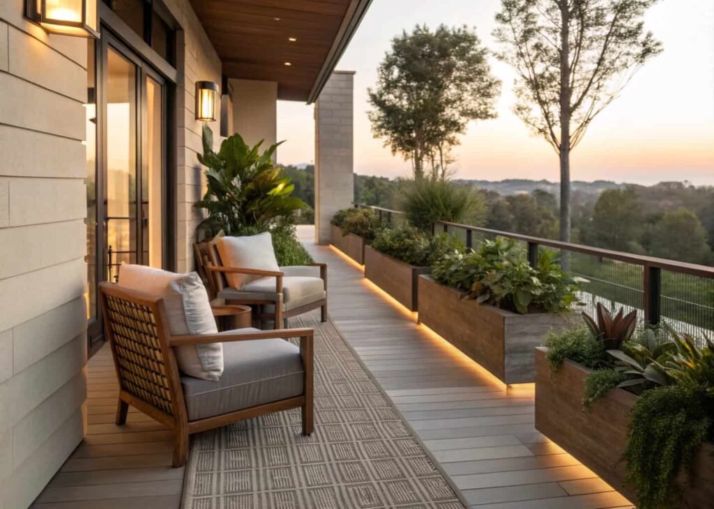 Terrace landscaping with separate seating, planting and walkway zones