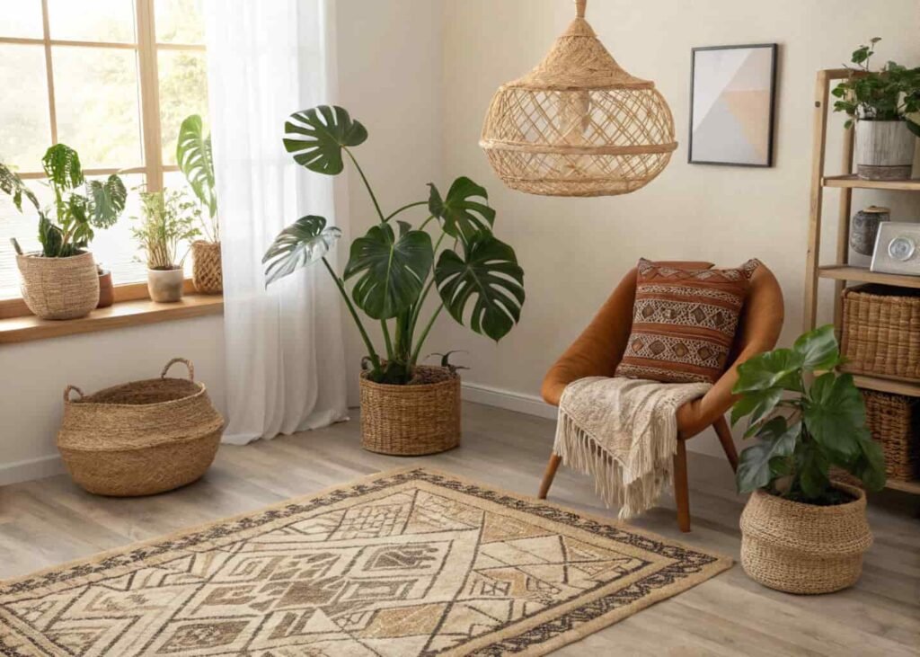 A boho living room corner with a layered jute and Moroccan-pattern rug, a rattan pendant light, and a large monstera plant in a woven basket.