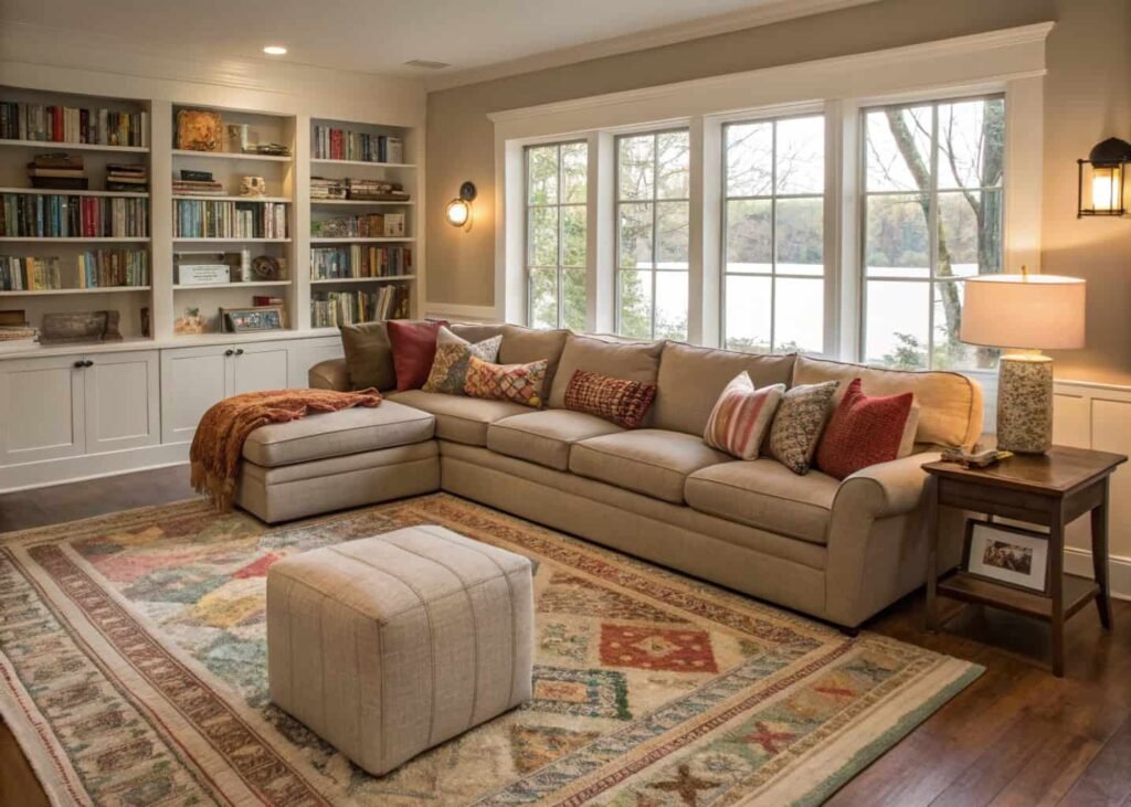 Small apartment living room with compact furniture and a floating layout