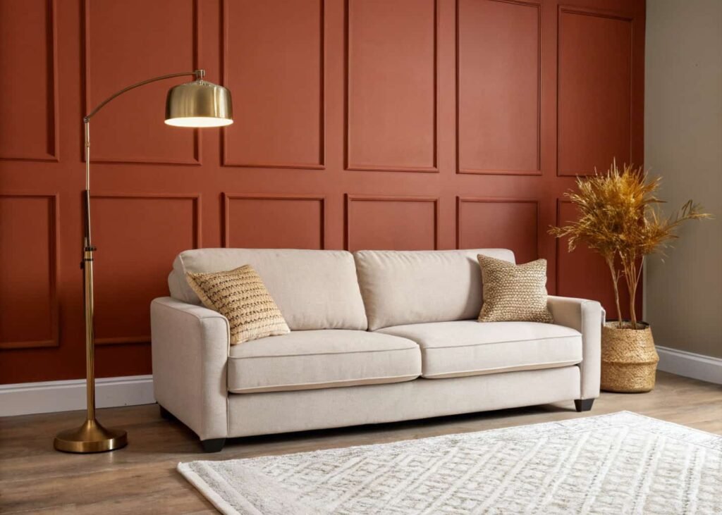 Bold terracotta accent wall behind a neutral sofa in a modern living room.