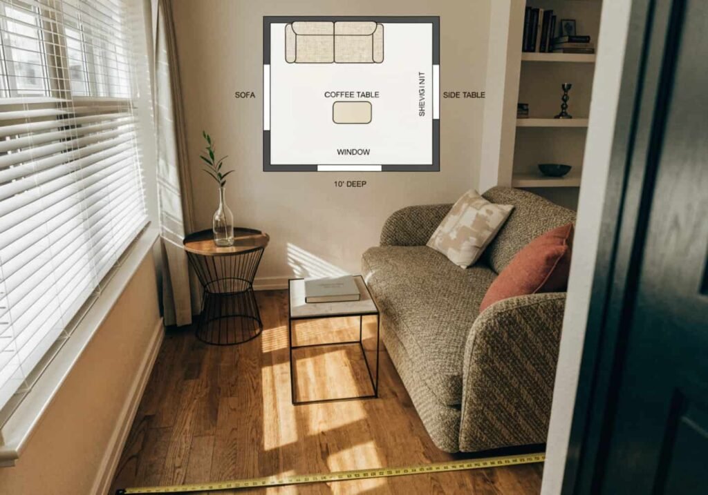 Compact sofa layout ideas for a small living room under 150 square feet.