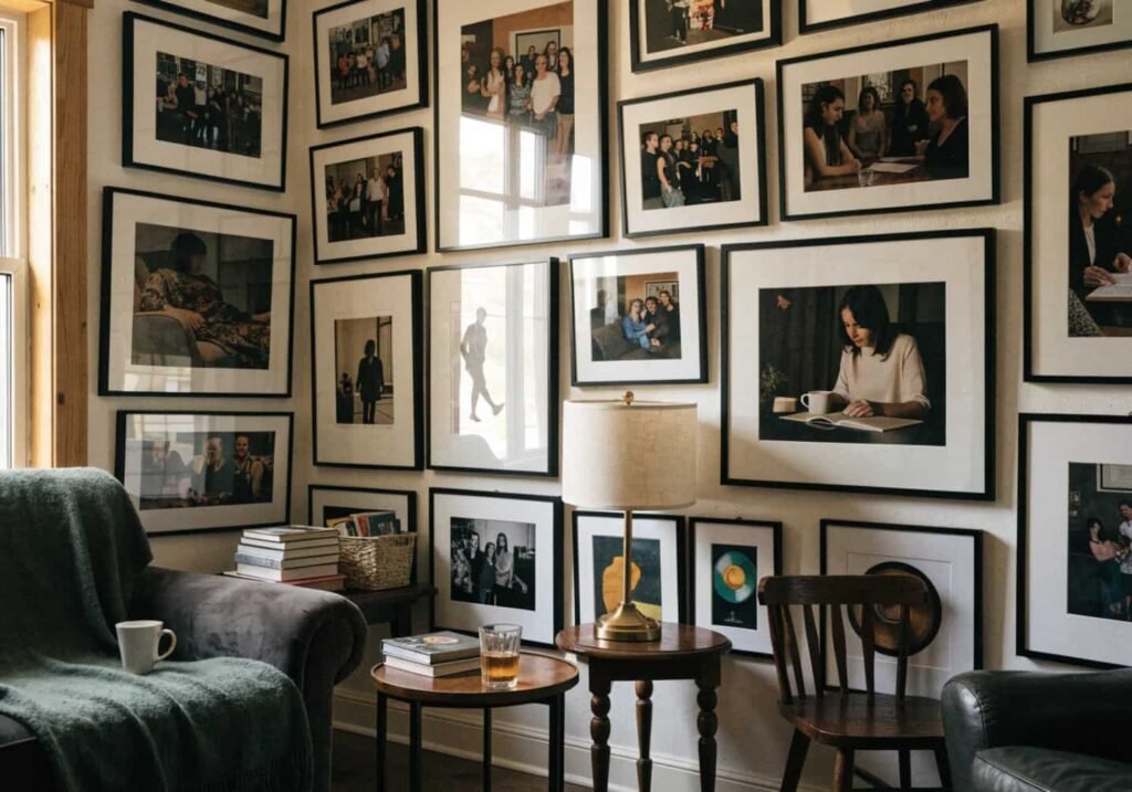 Black-framed gallery wall arrangement creating an accent wall effect without any paint.