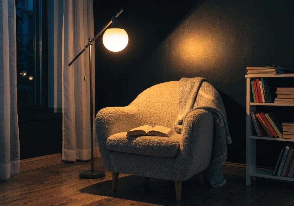 Cozy reading nook using a black wall to create warmth and depth rather than a cold feeling.