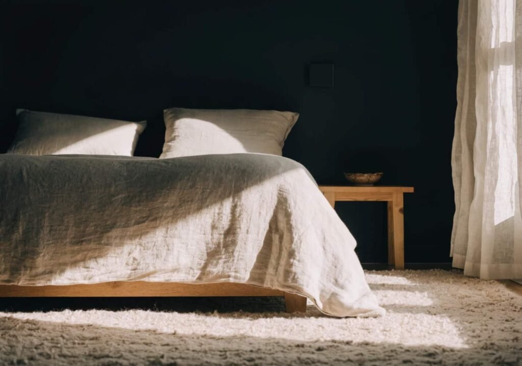 Oatmeal rug and neutral bedding layered against a bold black bedroom wall