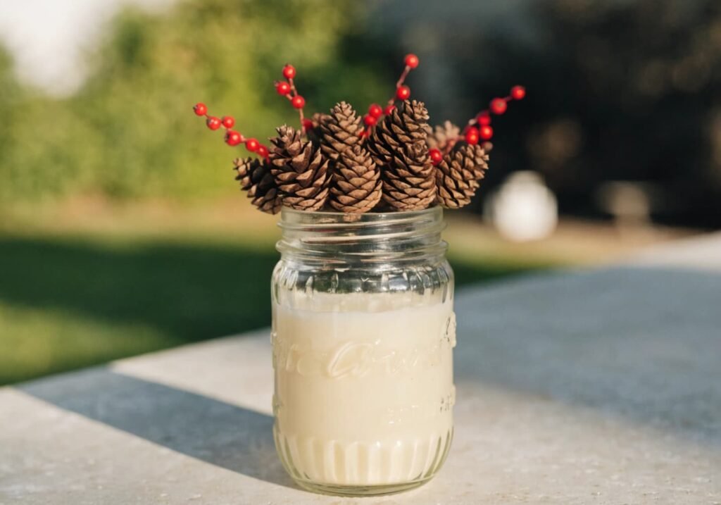 Mini mason jar arrangement with pinecones and red berries for a fall table