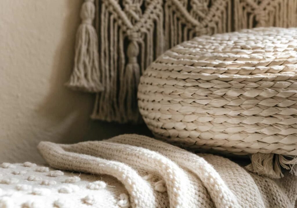 Layered textures in gray boho decor including knit throw and macrame