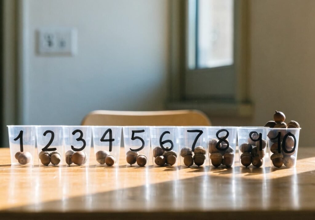 Numbered cups filled with acorns for a kindergarten counting activity
