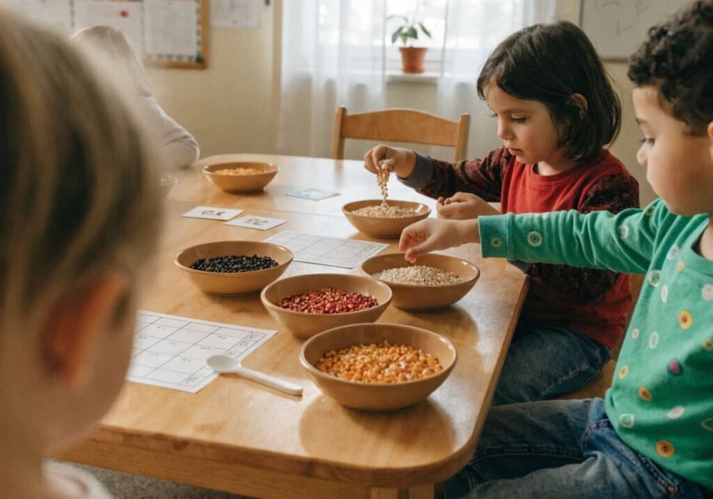 Dried corn kernels used as counting manipulatives in kindergarten math