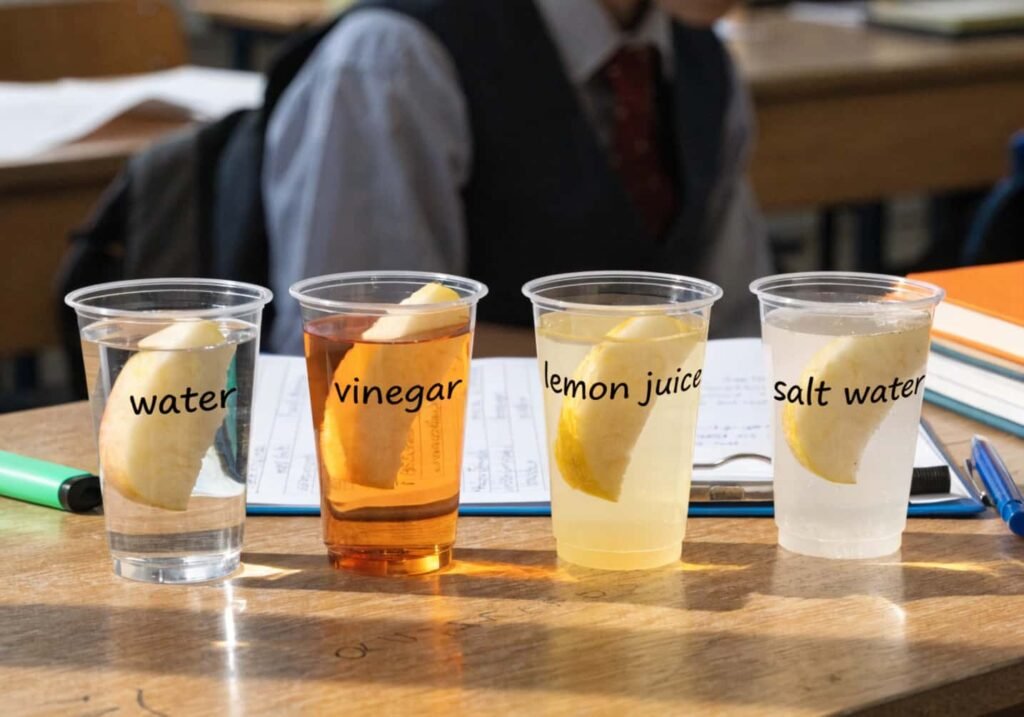 Apple oxidation science experiment with labeled cups of water, vinegar, lemon juice, and salt water.
