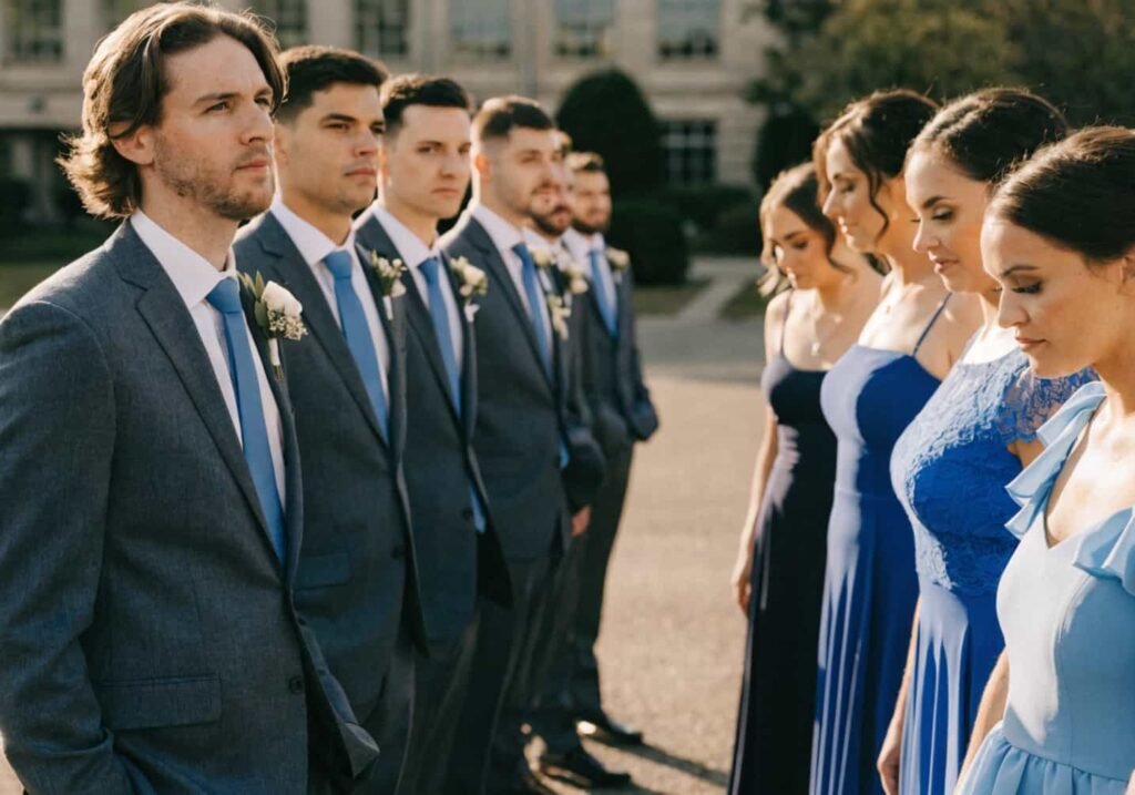 Coordinated tonal wedding party outfits in shades of blue and charcoal.