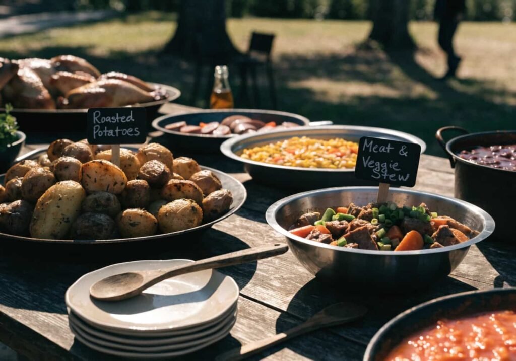 Home-style buffet catering spread for a small backyard reception.