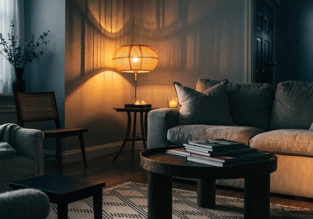 Warm rattan lamp lighting a cozy gray boho living room