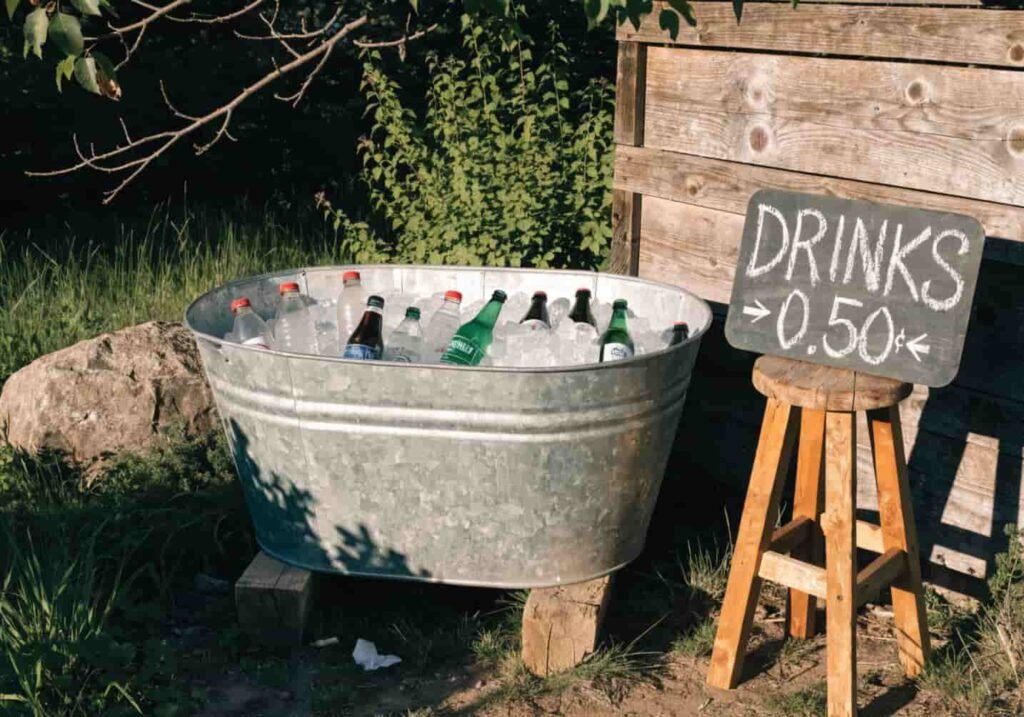 DIY drink bar setup for a backyard wedding reception with ice tub and chalkboard menu.