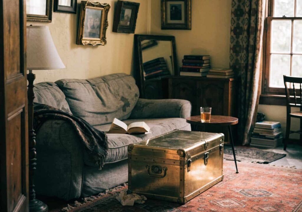 Vintage boho grey couch with brass trunk and mismatched vintage decor