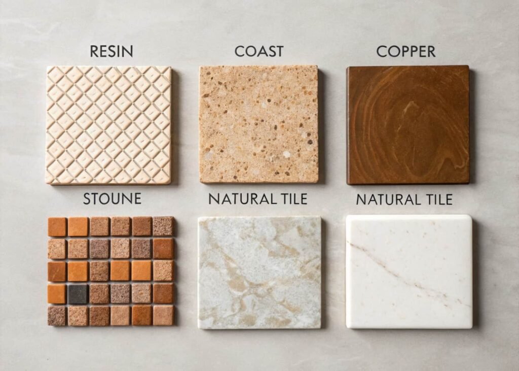 Sample materials used in fountain construction including resin, stone, copper, and ceramic.