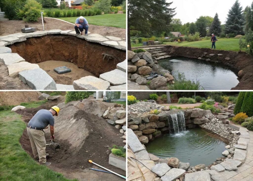 Four-step photo sequence of DIY pond installation from excavation to finished waterfall.