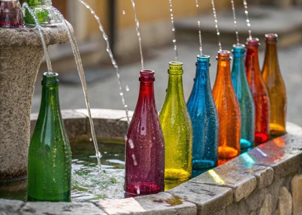 Recycled bottle fountain with water flowing into stone basin