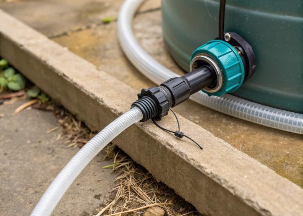 Close-up of tubing secured to a submersible pump outlet with a zip tie for a leak-proof connection.