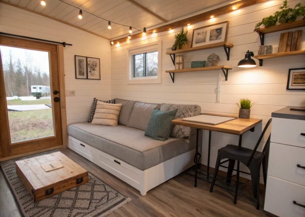 Tiny home living room design with convertible, multi-use furniture.
