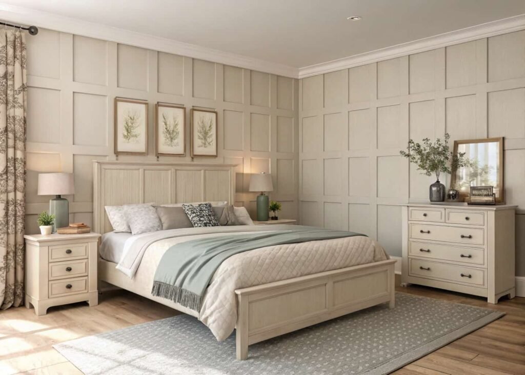 Bedroom with board-and-batten wall paneling as a design feature