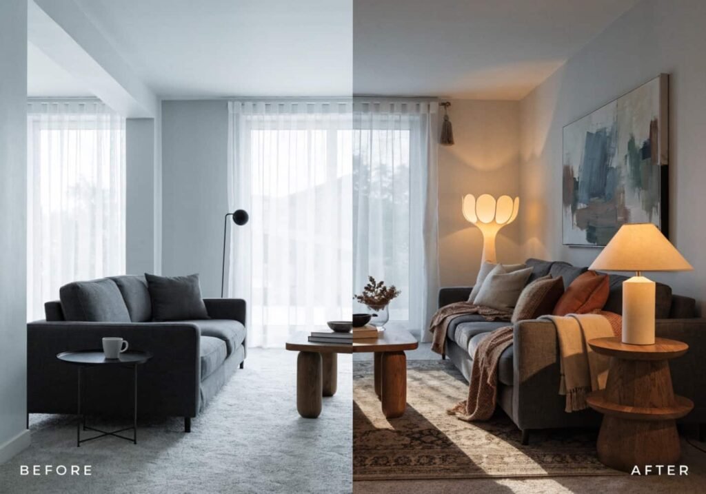 Cold under-styled gray room compared to a warm layered boho gray room