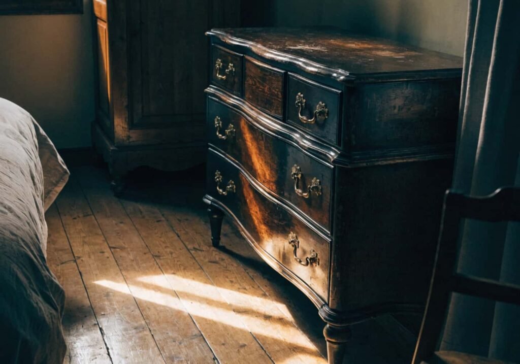 Vintage dresser with brass hardware in a moody bedroom