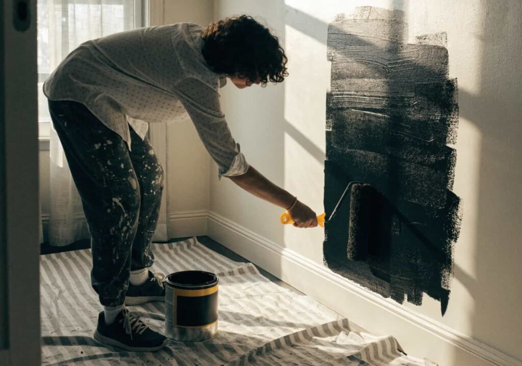 DIY homeowner painting a single accent wall black during a weekend home project.