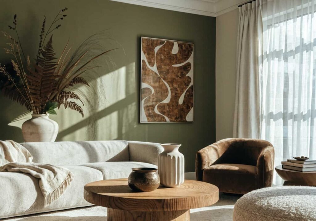 Muted olive green accent wall styled with natural decor for 2026 trends
