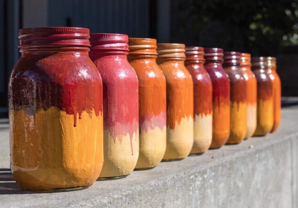 Mason jars painted in ombre fall colors of orange, red, and yellow
