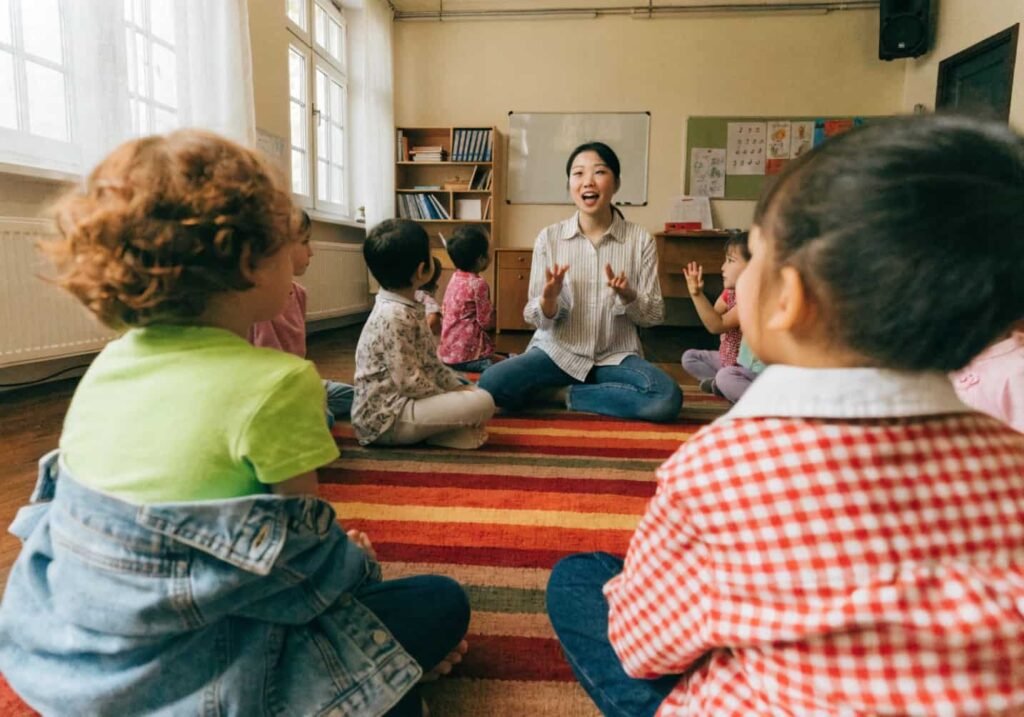 Kindergarten circle time with children singing a fall-themed counting song