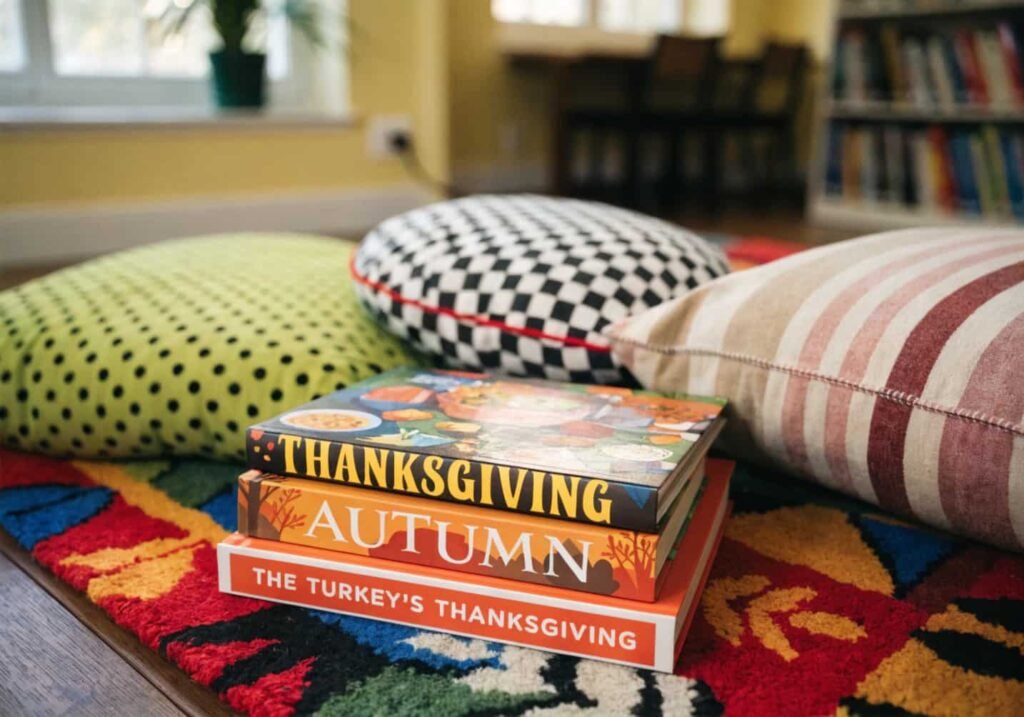 Stack of November and Thanksgiving picture books for kindergarten read-aloud