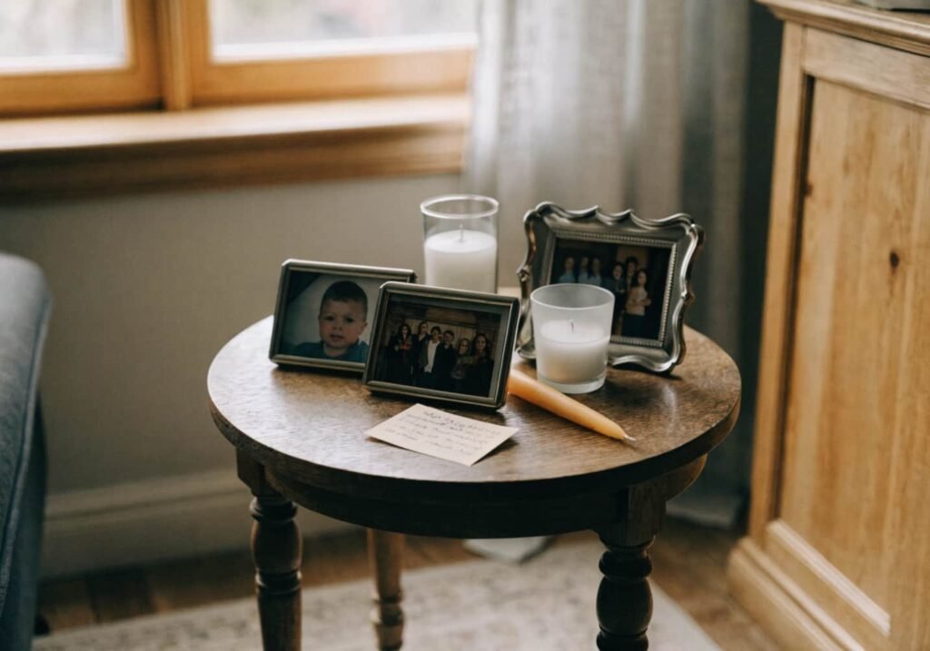 Personal memory table with framed photos at a small backyard reception.