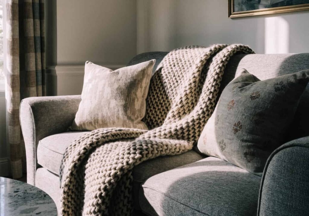Layered textiles on a gray sofa in a boho living room