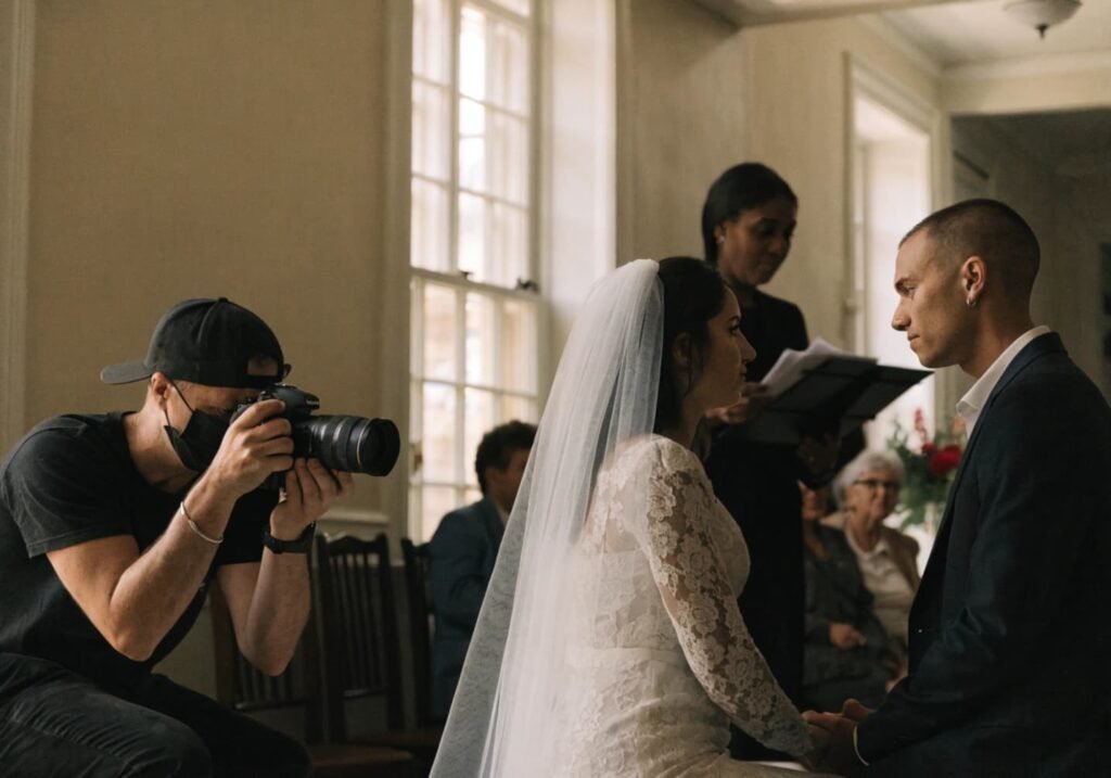 Photographer capturing wedding couple during indoor ceremony vows