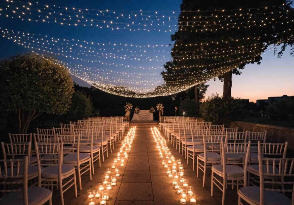 Fairy lights and candles creating warm wedding ambiance at dusk