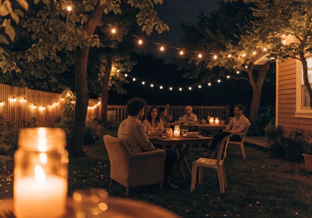 Nighttime lighting setup with string lights and candles at a backyard wedding reception.