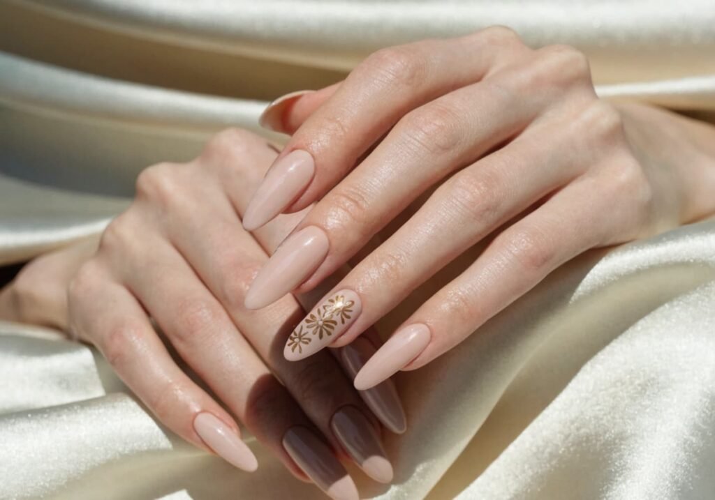 Long nude nails with one accent nail featuring hand-painted gold floral details