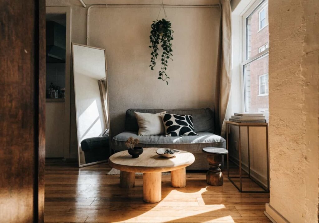 Small-space boho living room with compact grey couch and tall mirror