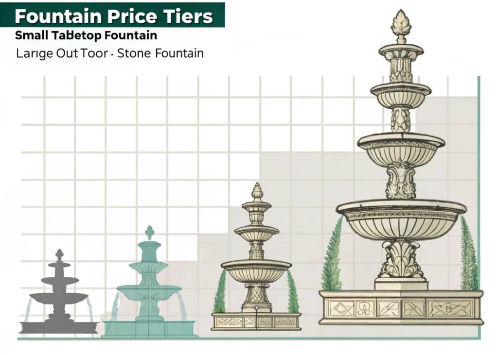 Price comparison chart of different water fountain sizes and materials.