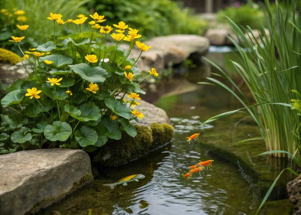 Backyard pond edge planted with marginal plants and stocked with goldfish.