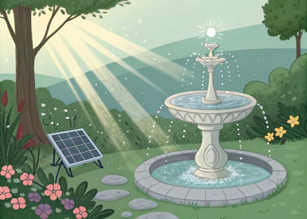 Solar-powered DIY garden fountain with attached solar panel