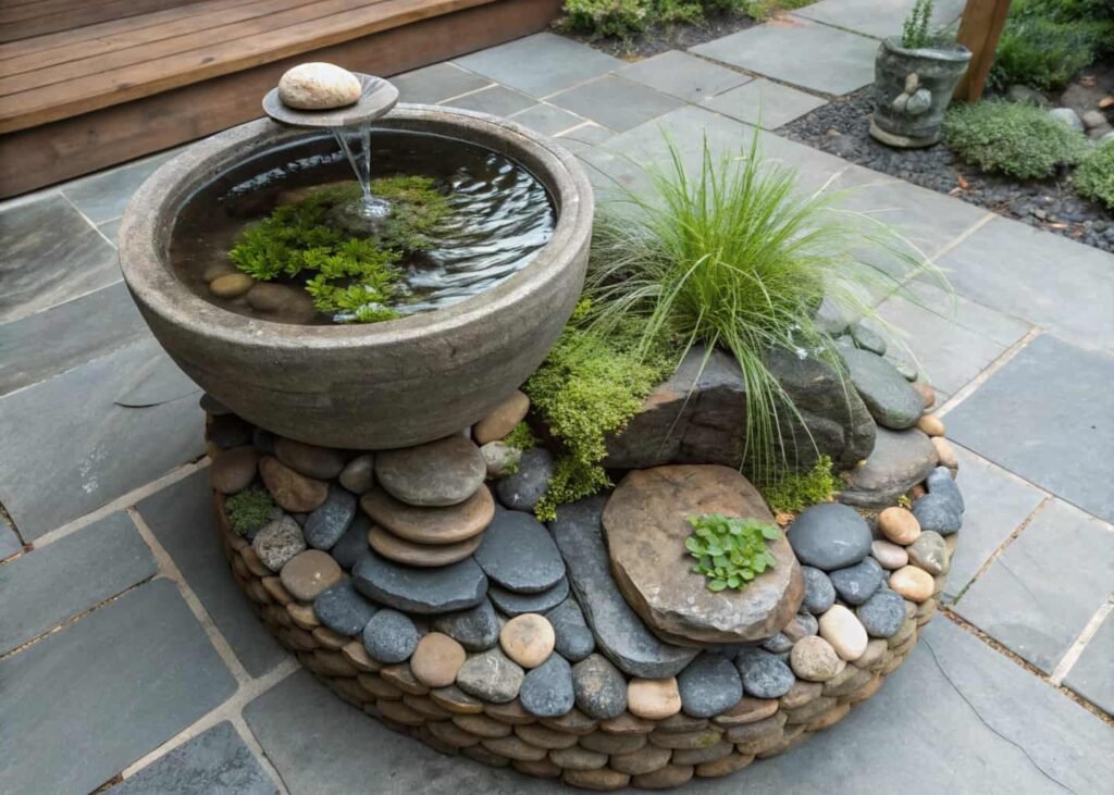 Overhead view of decorative stones and an aquatic plant being added around a DIY bowl fountain.