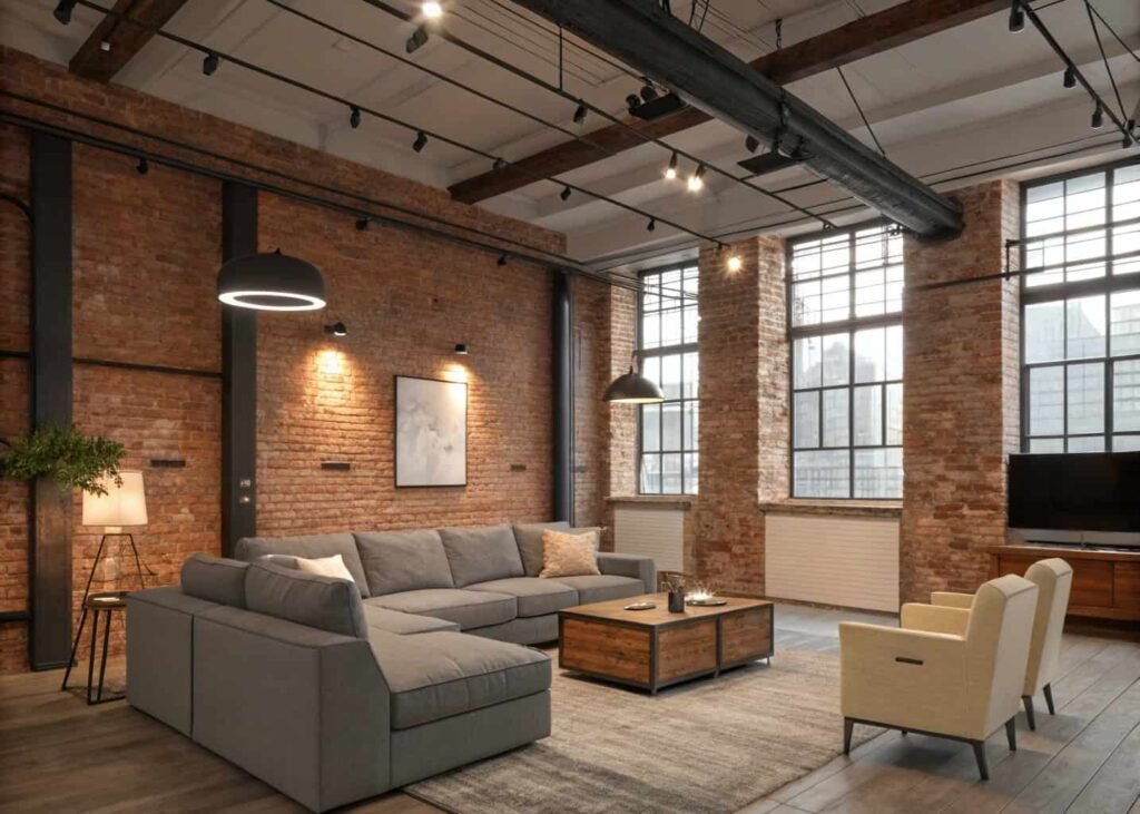 Loft-style large living room with industrial architectural details.