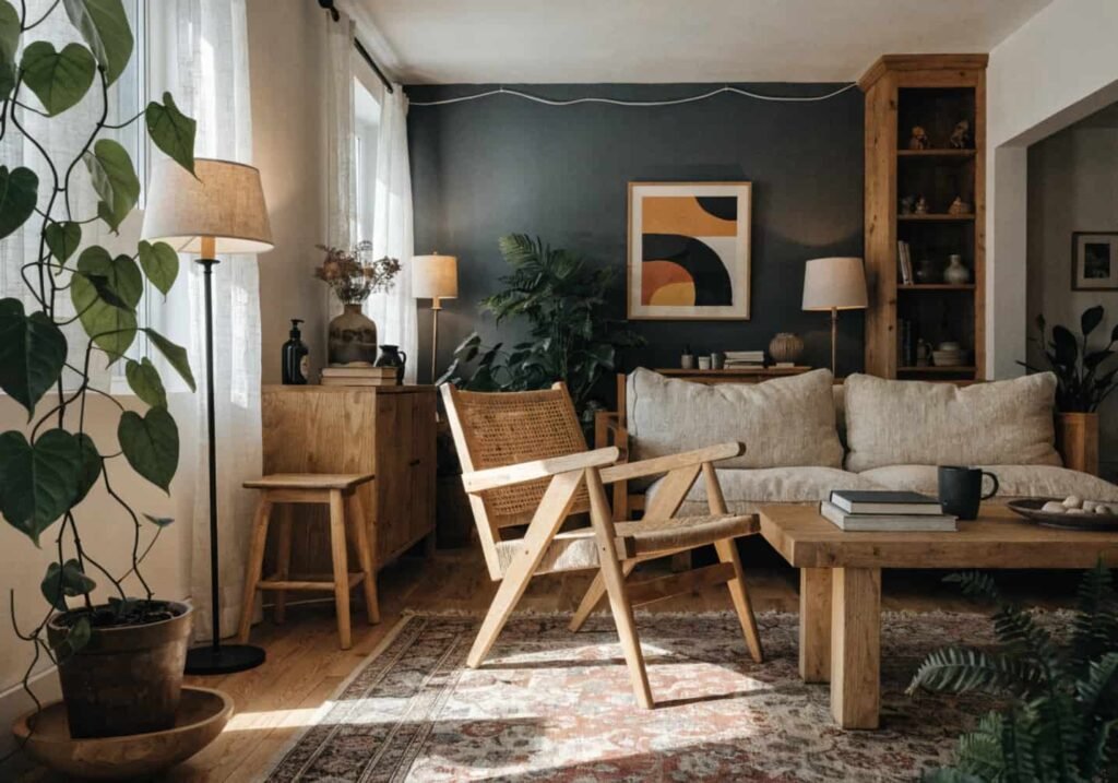 Finished boho living room with charcoal gray accent wall and blonde wood furniture