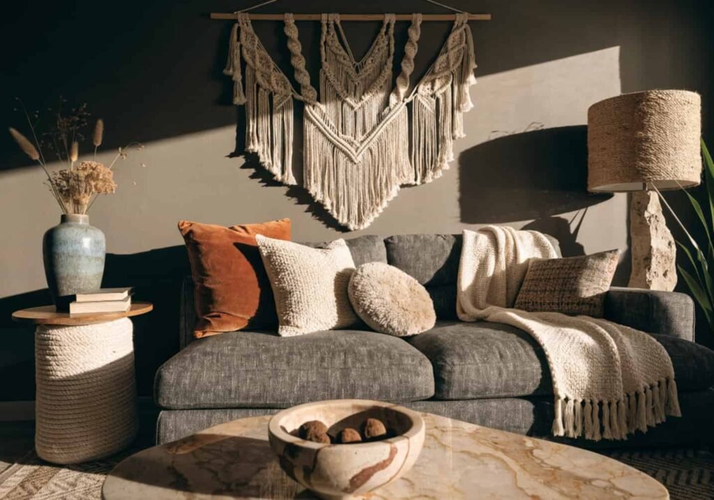 Macrame wall hanging above grey sofa in boho room