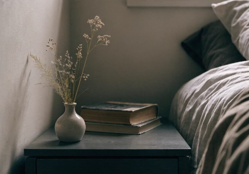 Minimal styled nightstand with dried flowers in a moody bedroom