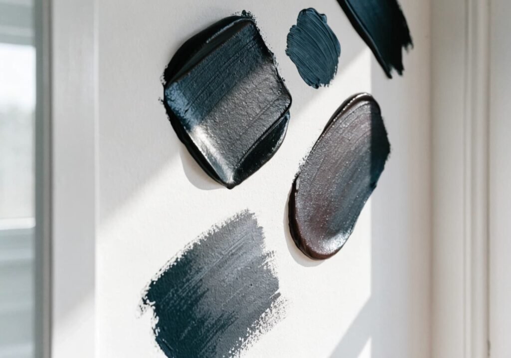 Black paint swatches on a wall showing subtle warm and cool undertone differences in natural light.