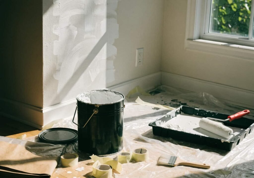 Weekend painting supplies ready for a simple black accent wall project.